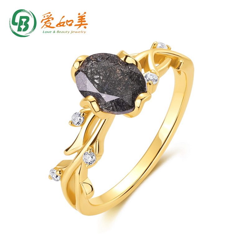 时尚简约几何黑发晶戒指女复古S925银渡18K金PT950铂金树枝戒子