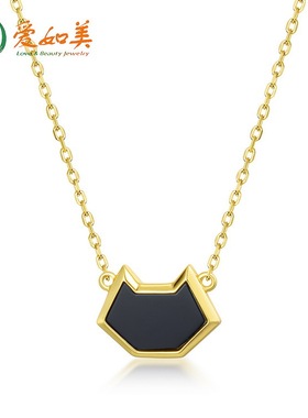可爱风黑玛瑙小黑猫银项链女S925银渡18K金PT950铂金几何猫头项链