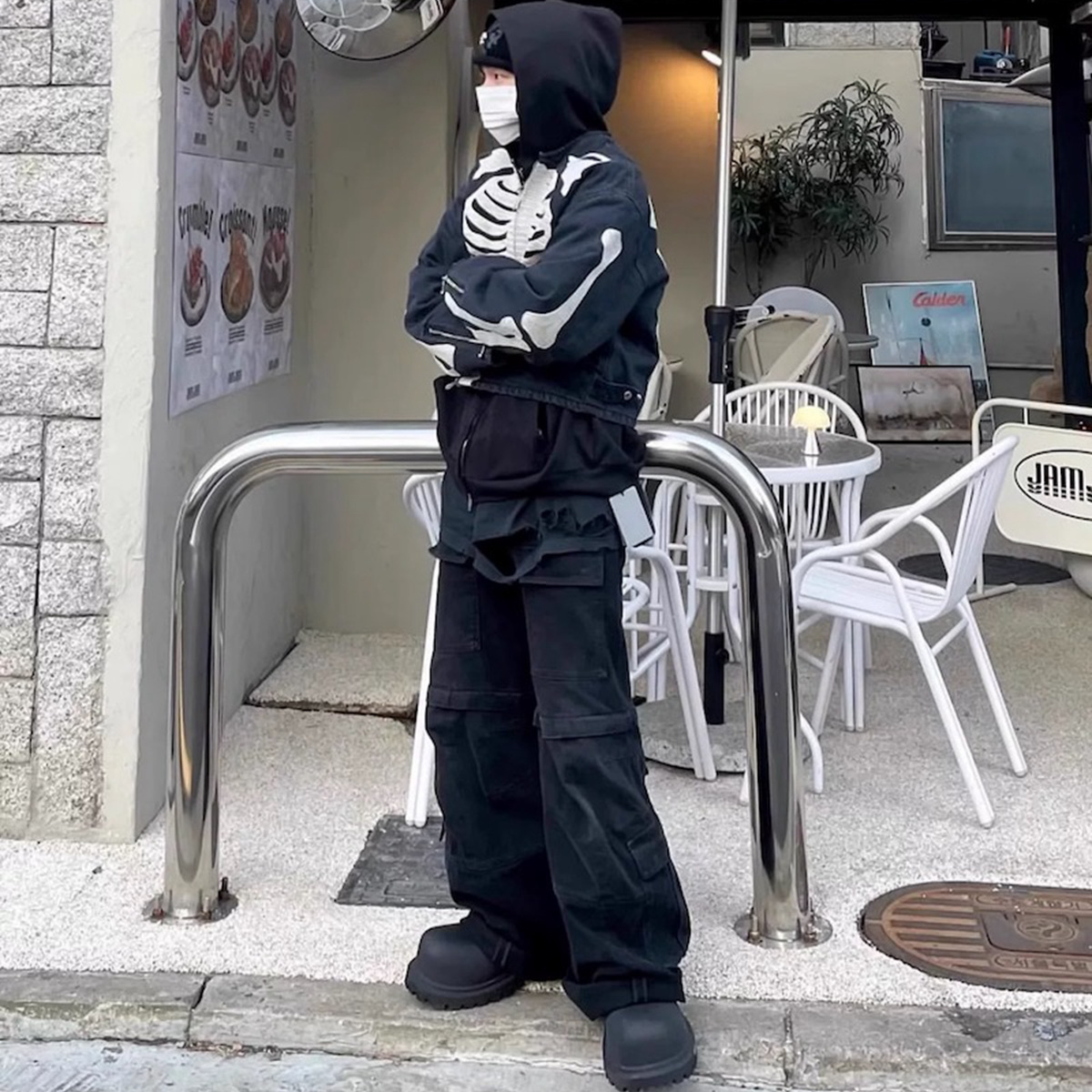 巴黎风格Flared Cargo阔腿裤多口袋可拆卸做旧水洗喇叭牛仔工装裤