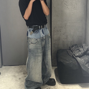 潮 双层双腰拼接水洗做旧破坏阔腿baggy直筒牛仔裤 巴黎风格 秀款
