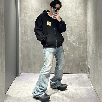 巴黎风格Flared遗失录像带伞电纹微喇牛仔裤水洗破坏冰蓝色喇叭裤