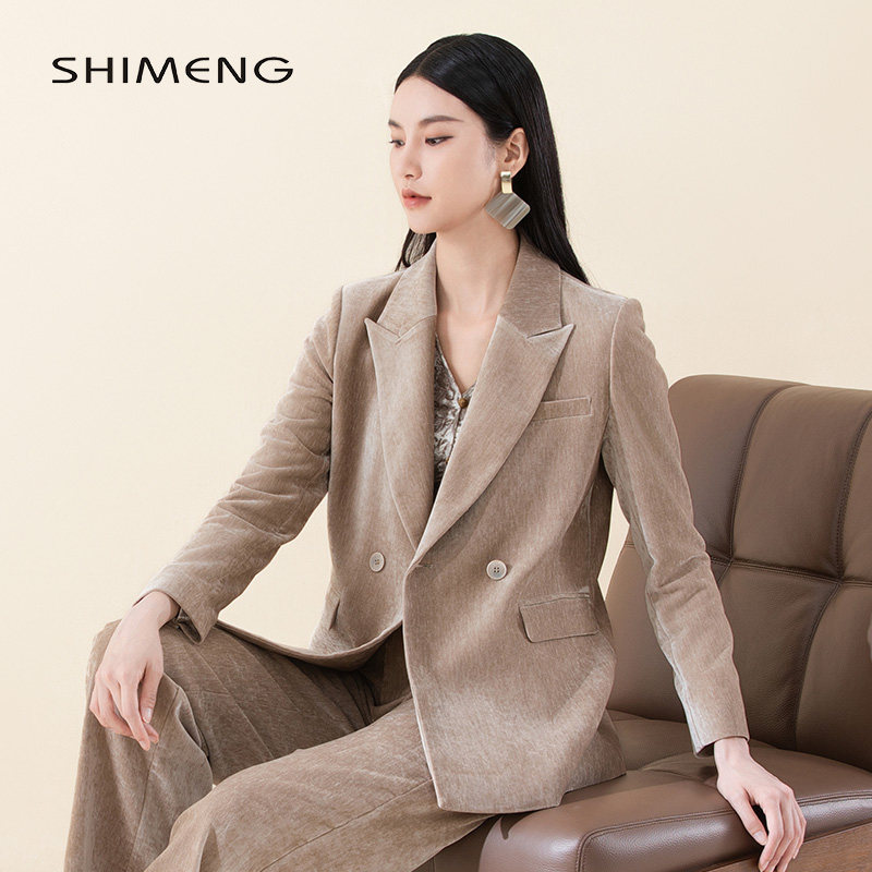 SHIMENG诗梦女装秋季新款卡其灰枪驳领丝绒西装外套职场干练大方