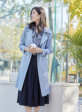 诗梦女装蓝色中长风衣秋季新双排扣系腰带气质休闲通勤西装领外套