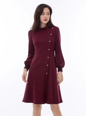 诗梦女装秋冬无花果色酒红收腰羊毛连衣裙翻领长袖中长裙子优雅