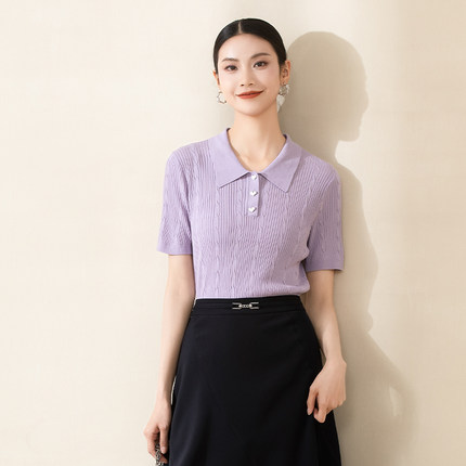 诗梦女装夏季新款POLO翻领紫色修身短袖针织衫温柔气质绞花上衣
