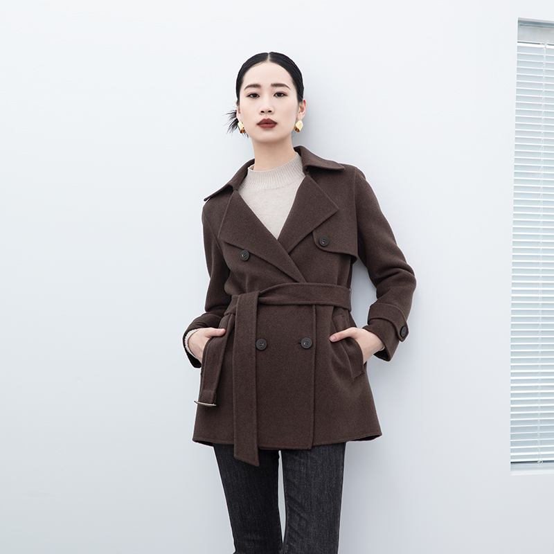 诗梦女装秋冬反季可可棕色羊毛羊绒双面呢大衣中长外套收腰系带