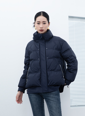 诗梦女装冬季新款藏青色短款羽绒服立领宽松休闲拉链90鸭绒减龄