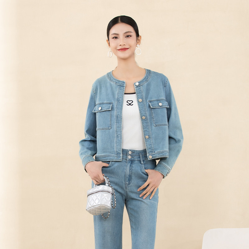 诗梦女装春夏新款浅蓝色圆领牛仔外套直身箱型宽松休闲棉弹短上衣