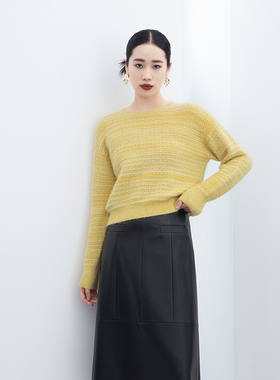 诗梦女装秋冬新款黄色肌理感羊毛衫套头圆领宽松减龄短毛衣马海毛