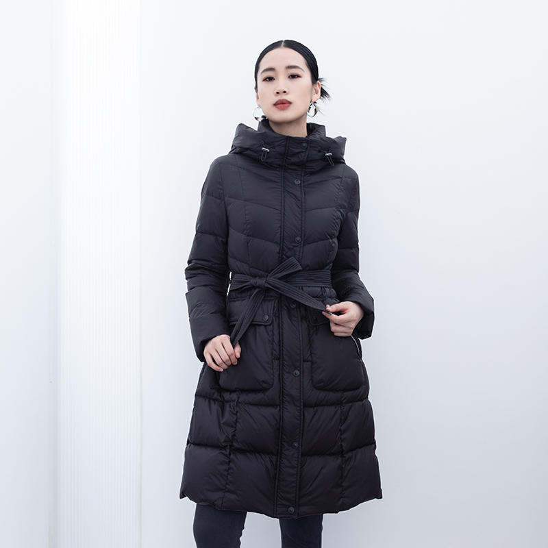 诗梦女装新款黑色中长款羽绒服连帽腰带收腰拉链通勤保暖鹅绒服