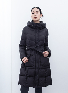 诗梦女装新款黑色中长款羽绒服连帽腰带收腰拉链通勤保暖鹅绒服