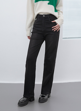 诗梦女装秋冬新款加厚直筒磨毛牛仔裤黑色高腰百搭休闲棉长裤子