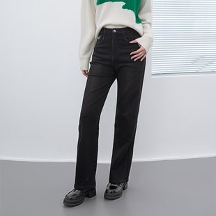 诗梦女装秋冬新款加厚直筒磨毛牛仔裤黑色高腰百搭休闲棉长裤子