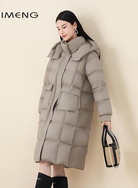 诗梦女装冬季新款灰绿色翻领连帽长款羽绒服直身宽松休闲面包服