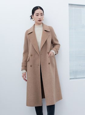 诗梦女装驼色羊毛斜纹长款双面呢大衣西装翻领双排扣气质百搭通勤