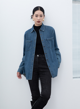 诗梦女装秋季新款翻领蓝色牛仔衬衫宽松显瘦通勤简约大方
