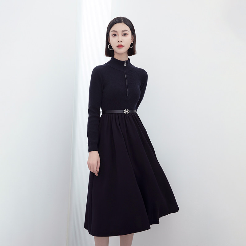 诗梦女装藏青拉链立领收腰拼接羊毛针织长裙法式设计感腰带A字裙