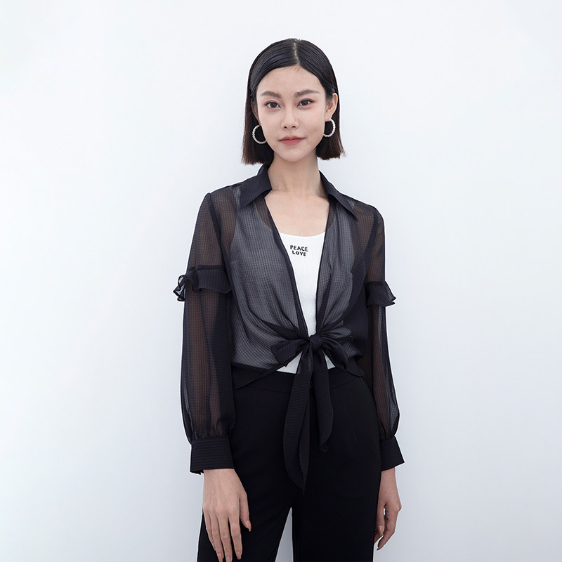 诗梦女转黑色长袖雪纺衬衫夏季翻领荷叶边甜美百搭系带开衫防晒衫