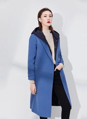 诗梦女装秋冬蓝色假两件拼接大衣羽绒服中长款系腰带连帽休闲外套