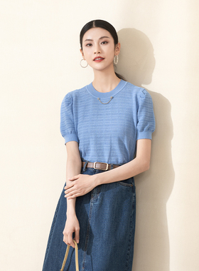 诗梦女装26夏季新款气质蓝色圆领泡泡袖针织衫甜美棉宽松短袖上衣