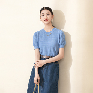 夏季 气质蓝色圆领泡泡袖 诗梦女装 新款 上衣 针织衫 甜美棉宽松短袖