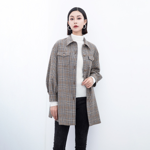 外套翻领单排扣宽松A型 式 诗梦女装 秋冬复古驼色格纹羊毛薄呢衬衫