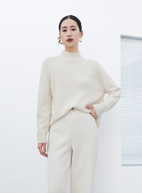 SHIMENG诗梦女装米白半高圆领宽松针织衫休闲简约温柔大方透气