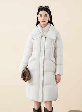 诗梦女装冬季新款杏仁米白色长款羽绒服直筒大翻领面包服休闲保暖