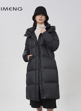 诗梦女装冬季新款黑色长款羽绒服加厚白鸭绒连帽休闲廓形龟背百搭