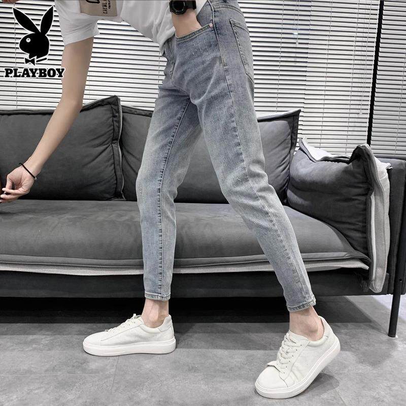 花花公子男士牛仔裤潮流浅蓝休闲九分裤春秋季新款修身小脚长裤子