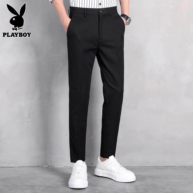 花花公子黑色长裤子男士潮流商务修身小西裤春季九分小脚休闲裤男