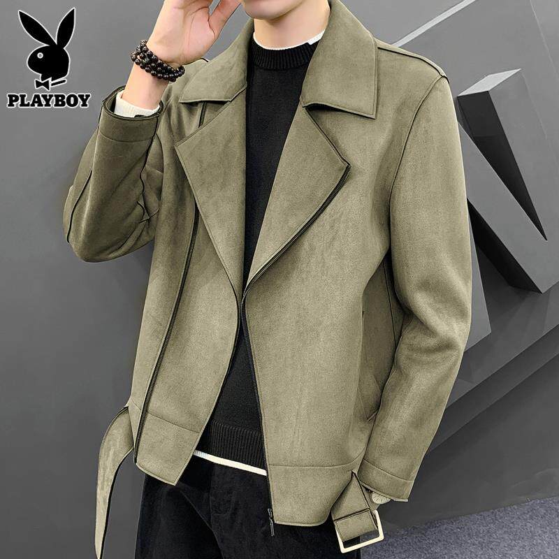 花花公子麂皮绒夹克男士春秋季2024新款绿色高级上衣潮牌外套春装