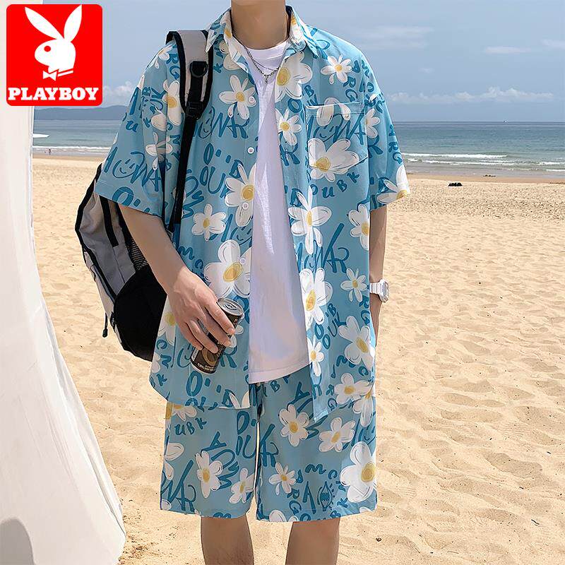 花花公子冰丝短袖花衬衫男士夏季凉感夏威夷衬衣潮牌痞帅休闲套装