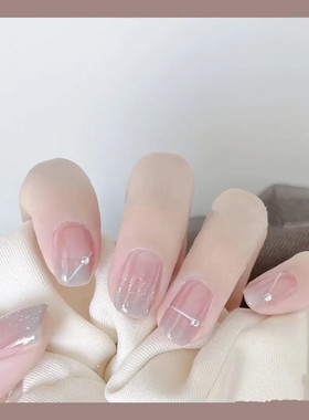 2023ins新款冰透气质裸色灰色撞色渐变手工穿戴甲可拆卸防水美甲