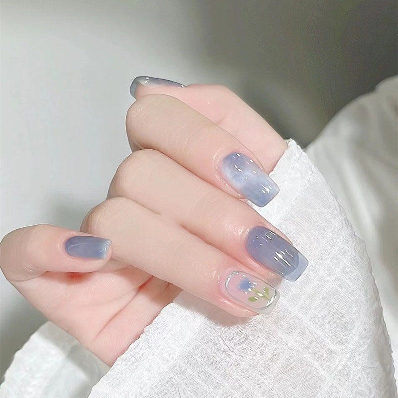 简约显白蓝色玫瑰花美甲气质温柔晕染手绘手工定制成品穿戴甲片