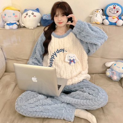 玉桂狗睡衣女冬季新款加绒初中生卡通珊瑚绒套头家居服少女套装