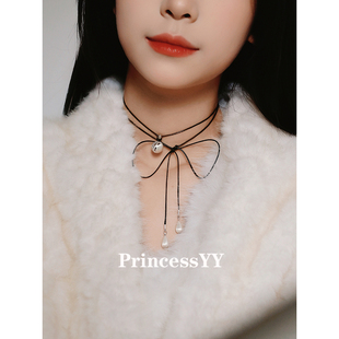 PrincessYY时尚 百搭黑绳项链小众设计高级毛衣锁骨链轻奢配饰 长款