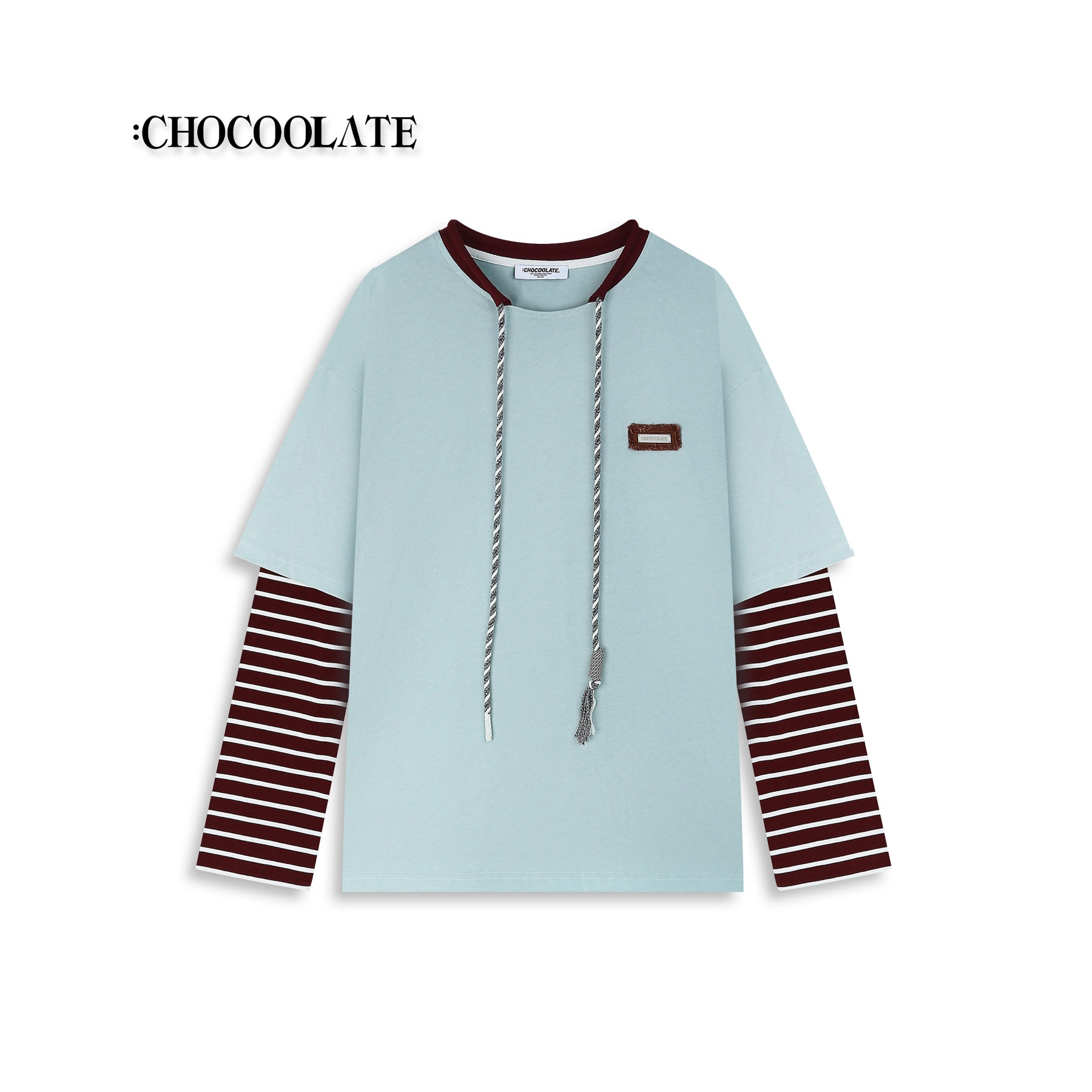 【蜜蜂欢乐社】：CHOCOOLATE假两件拼条纹袖子圆领抽绳上衣63870