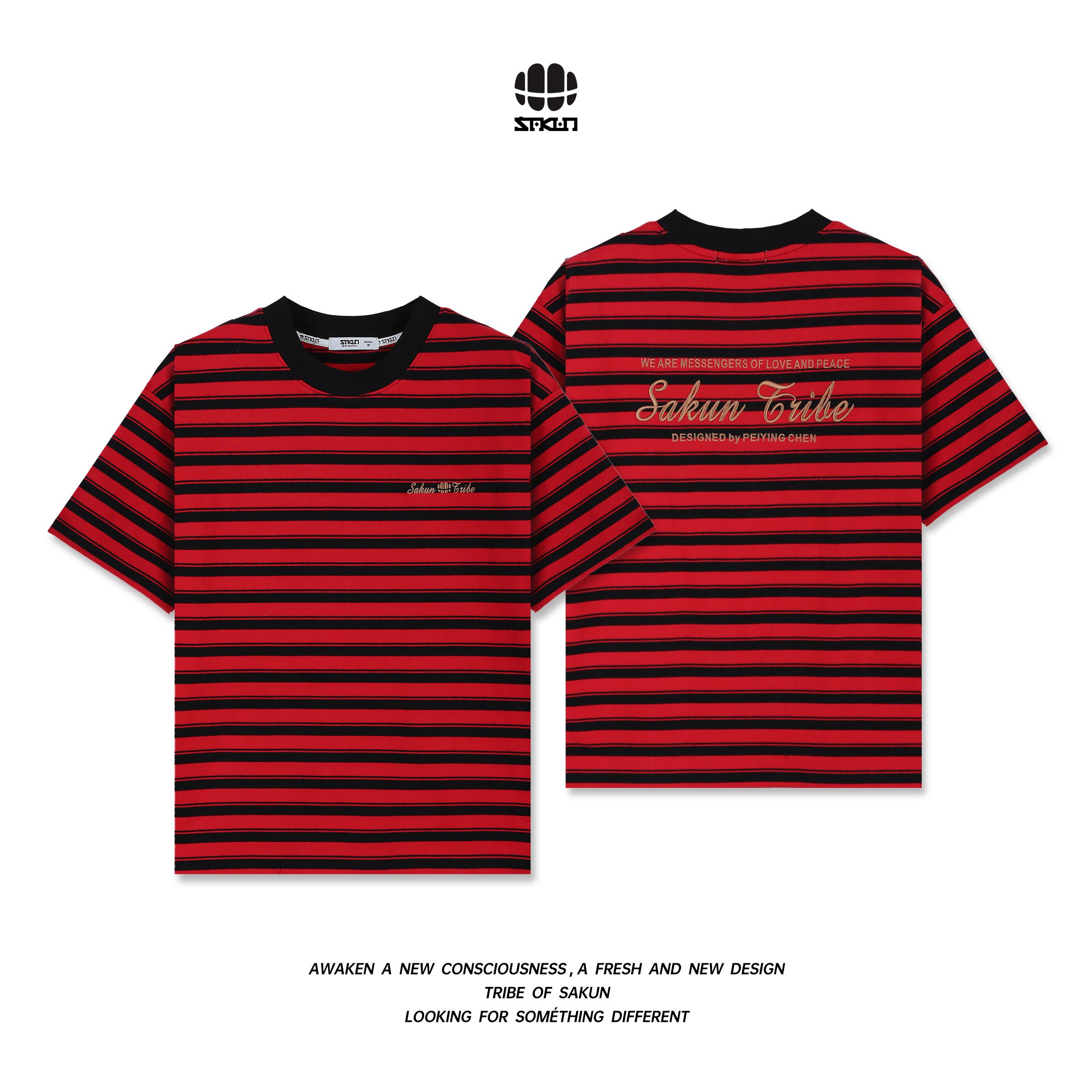 SAKUN潮牌刺绣美式拼色圆领T恤3153-1226011