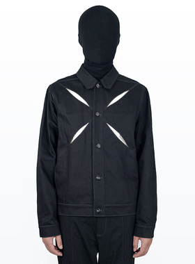 CHSM立体镂空剪裁工装翻领牛仔夹克男春秋季暗黑潮牌纯棉韩版外套