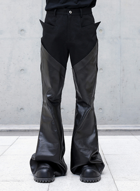 CHRYSOMALLON潮流涂层蜡面男微喇分割解构拼接休闲喇叭裤蜡裤皮裤