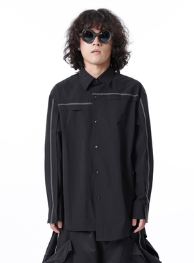 CHRYSOMALLON黑色男解构拼接不对称垂线日系休闲CityBoy长袖衬衫