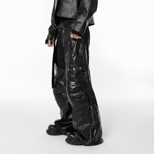 高级感 饰拉链长裤 CHRYSOMALLON暗黑嘻哈皮裤 宽松直筒机车风金属装