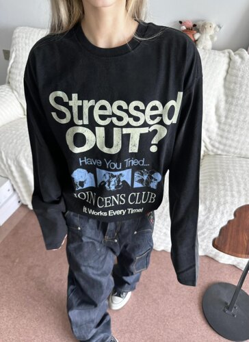 TSAOOJ秋冬复古做旧字母印花白墨数码直喷重磅纯棉打底衫男女同款