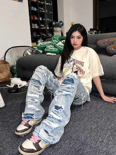 美式复古水洗破洞微喇叭牛仔裤男女vintage高街宽松直筒长裤ins裤
