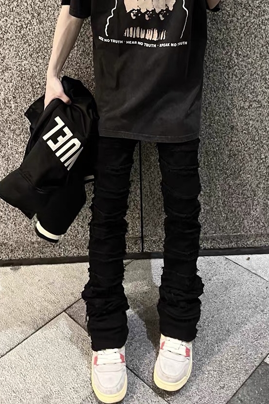 美式糜烂破坏毛边高街vibe风牛仔裤男ins潮牌vintage黑色显瘦长裤