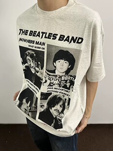 披头士乐队vintage人像印花短袖 高街cleanfit重磅320g标语T恤 美式