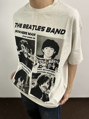 披头士乐队vintage人像印花短袖美式高街cleanfit重磅320g标语T恤