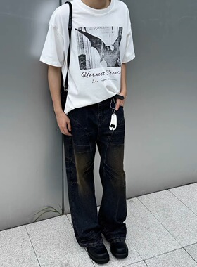 「TSAOOJ」黑暗蝙蝠印花短袖320g重磅纯棉小众cleanfit半袖T恤男