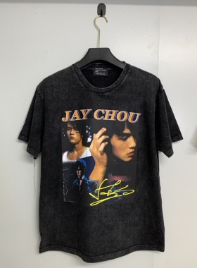 Jay周杰伦水洗做旧黑短袖白墨印花vintage高街复古半袖t恤男女